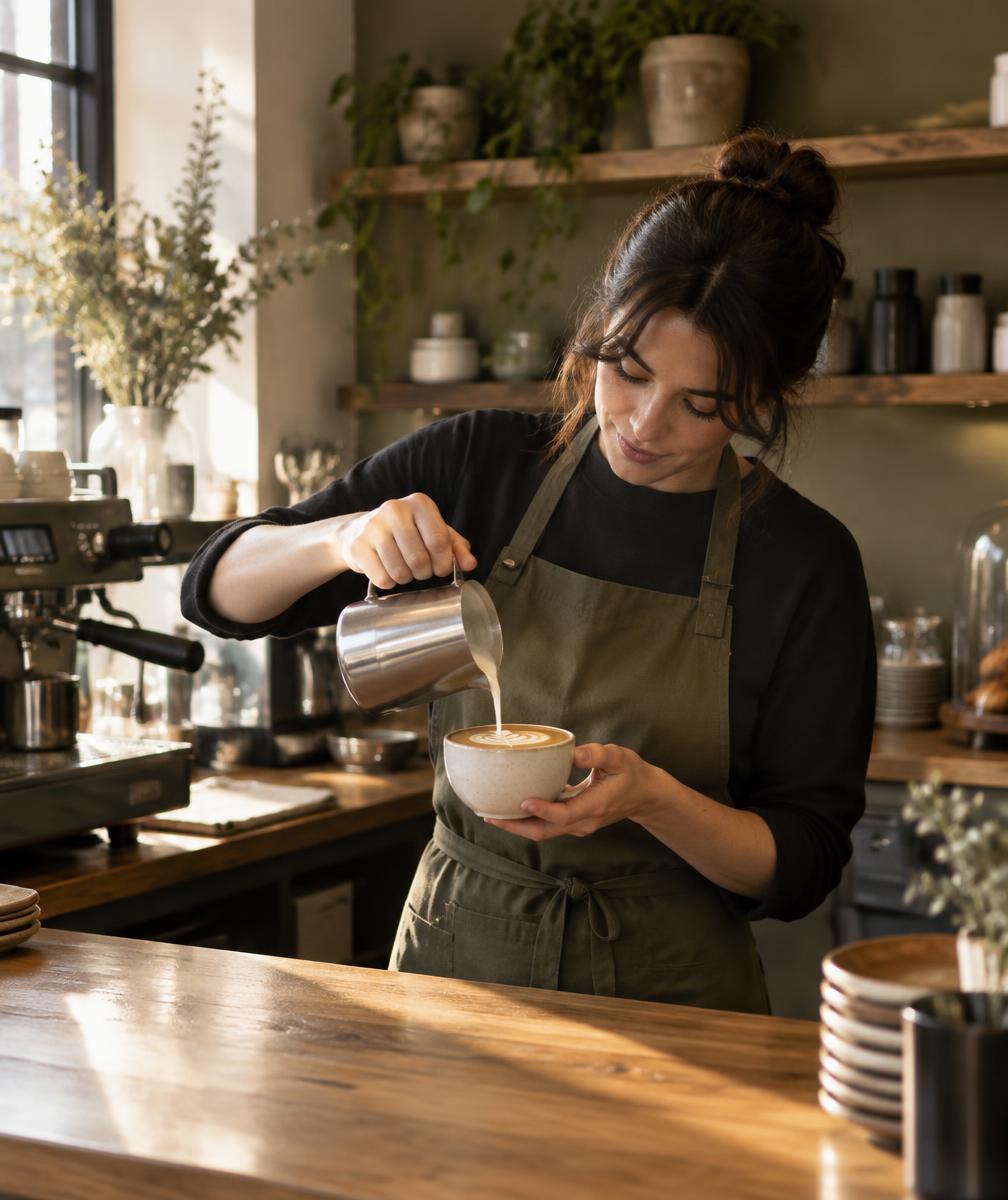 Barista pouring latte art at the oak counter